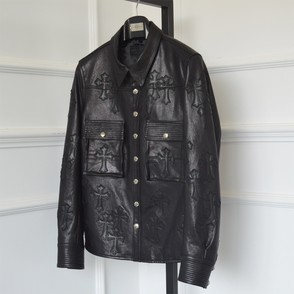 TrendMaybe高街CH风格真皮皮衣男镀银十字架绣花衬衫工装夹克外套