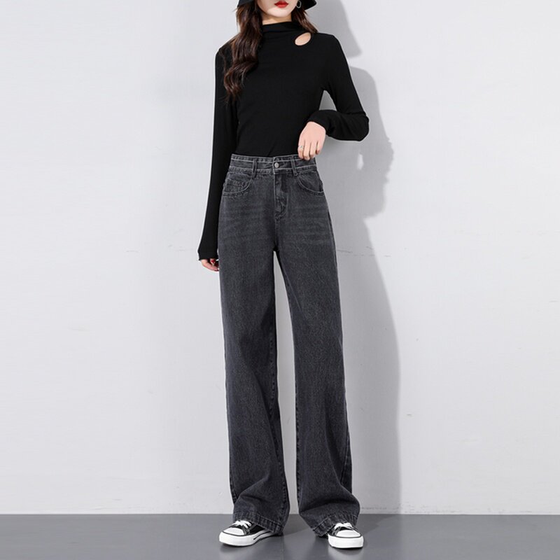 阔腿春秋新款雅风黑灰灰色牛仔裤女高高腰直筒牛仔裤
