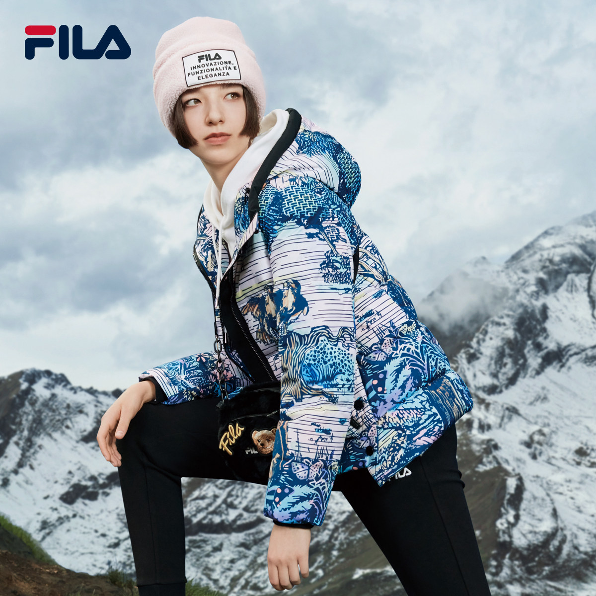 fila斐乐官方高圆圆同款羽绒服女2020年冬新款宽松短款连帽外套女