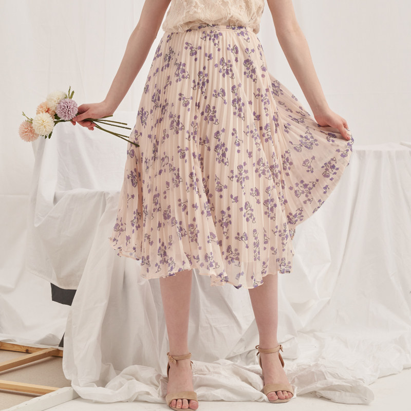 time碎花半裙雪纺印花中长清新road半身裙