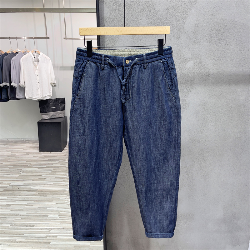 2022夏季新品亚麻九分休闲裤男百搭宽松蓝色水洗青年棉麻料小脚裤