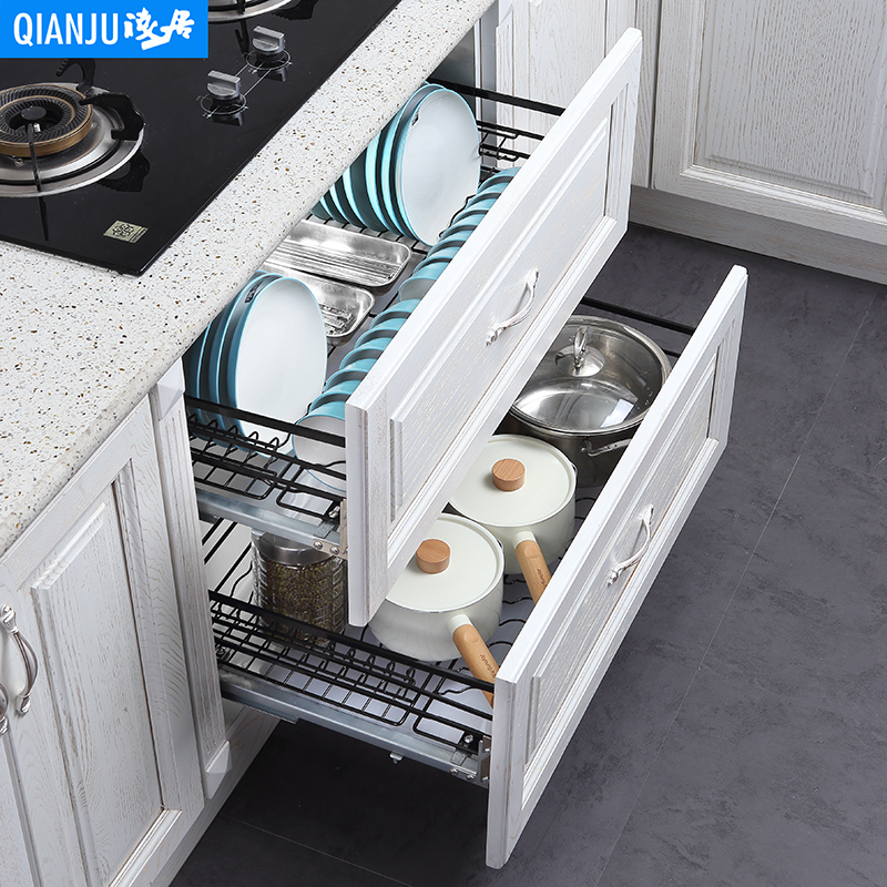 拉篮厨房橱柜304不锈钢双层抽屉式碗架厨柜拉篮碟篮柜内调味碗篮