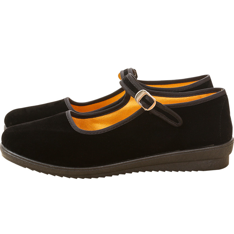 拉带鞋女老北京布鞋中年人上班工作黑色软底平跟平绒跳舞防水台厚