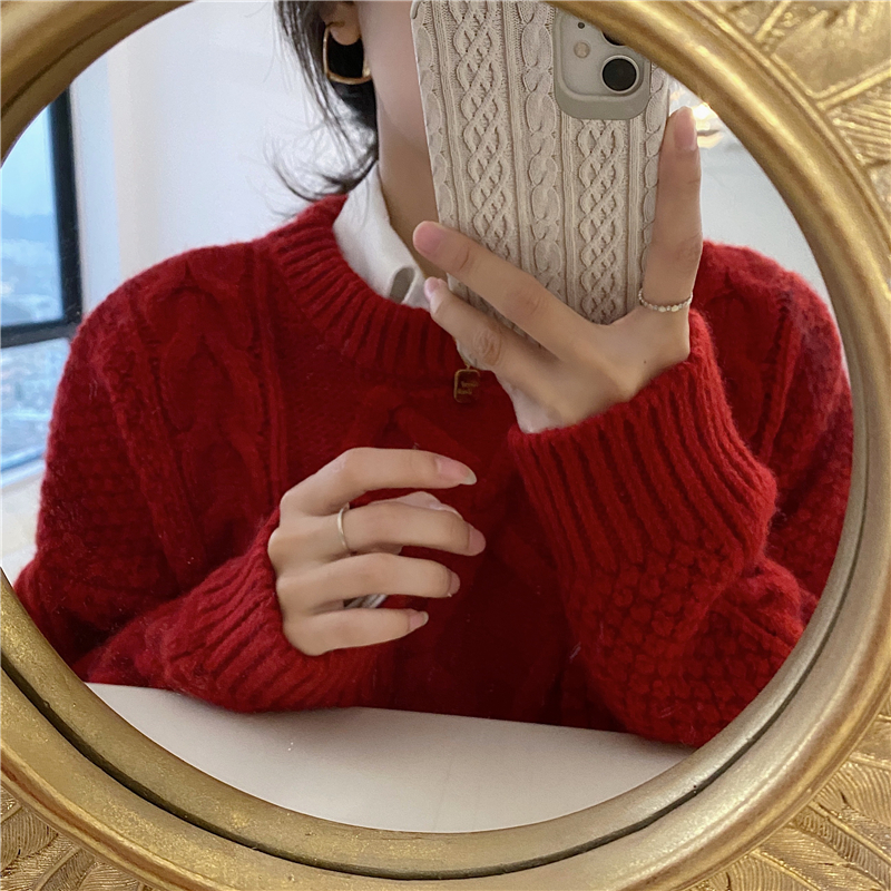 车厘子红色圣诞毛衣女秋冬慵懒风套头宽松新年粗麻花针织外搭加厚