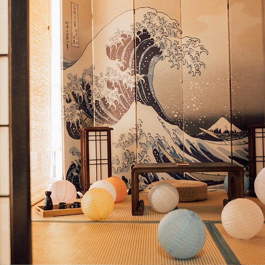 日式玄关办公时尚布艺折叠屏风浮世绘海浪简约折屏