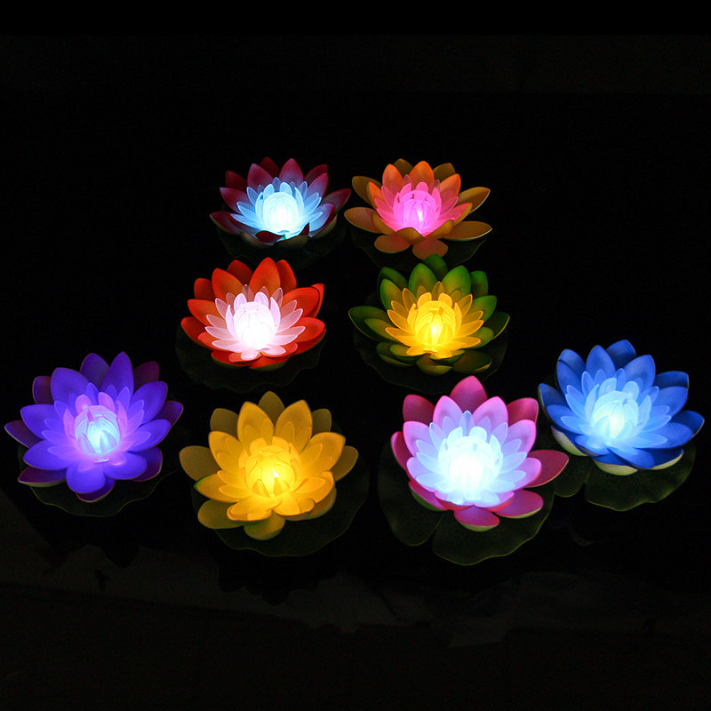 花灯荷花发光led浮水荷灯莲花红色电池七彩荷荷花灯