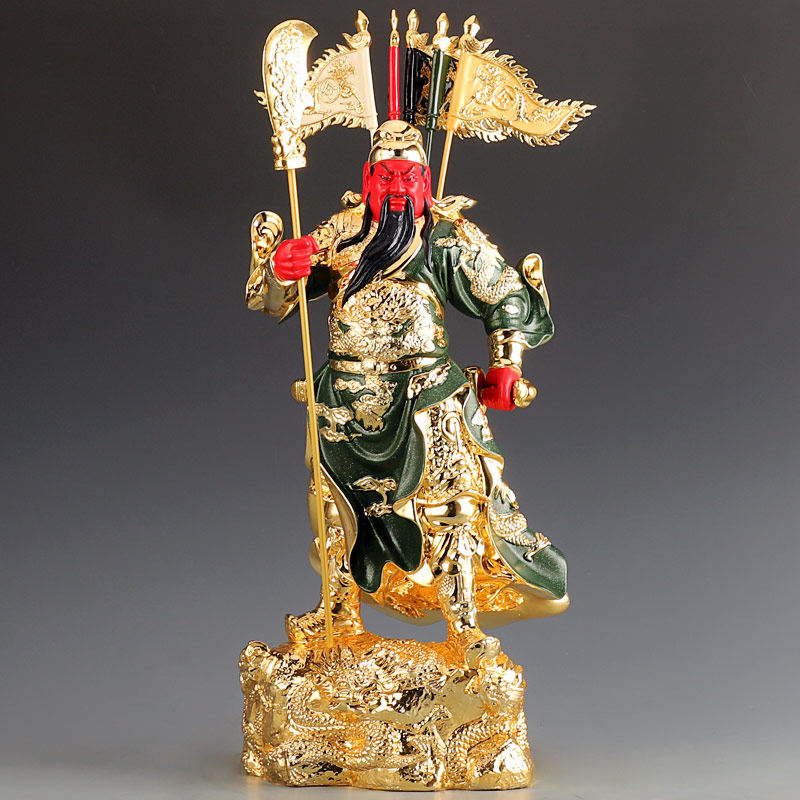 关公台湾纯铜仿古鎏金铜像武财神五旗九龙二爷摆件