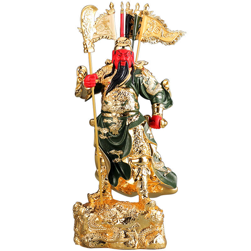 关公台湾纯铜仿古鎏金铜像武财神五旗九龙二爷摆件