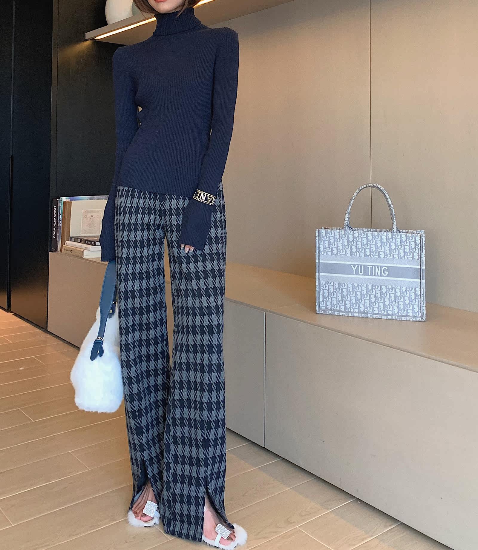 高腰开叉阔腿裤女2020秋冬新款宽松直筒裤显瘦格子裤子百搭休闲裤