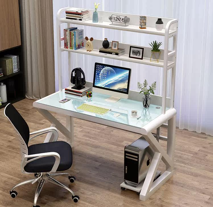 电脑桌办公钢化玻璃书架组合一体台式家用现代经济型电脑桌