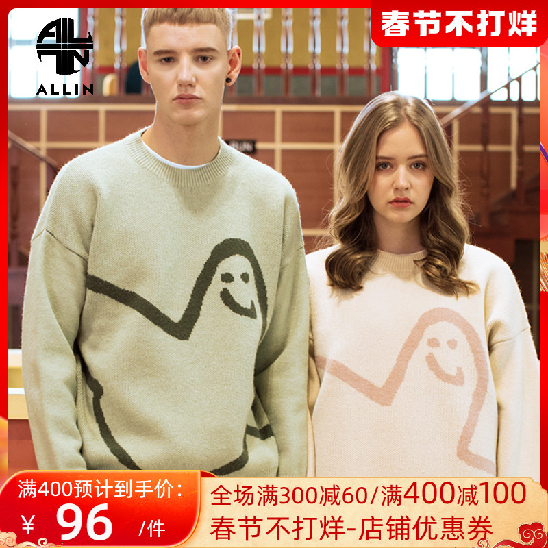 ALLIN毛衣男士2021秋季新款韩版宽松潮流厚款情侣装ins圆领针织衫