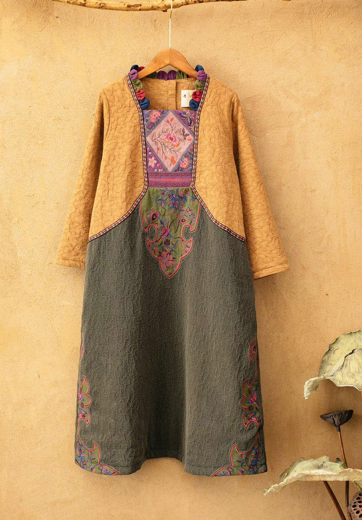 连衣裙重工刺绣棉麻民族风老绣拼布套头宽大文艺连衣裙