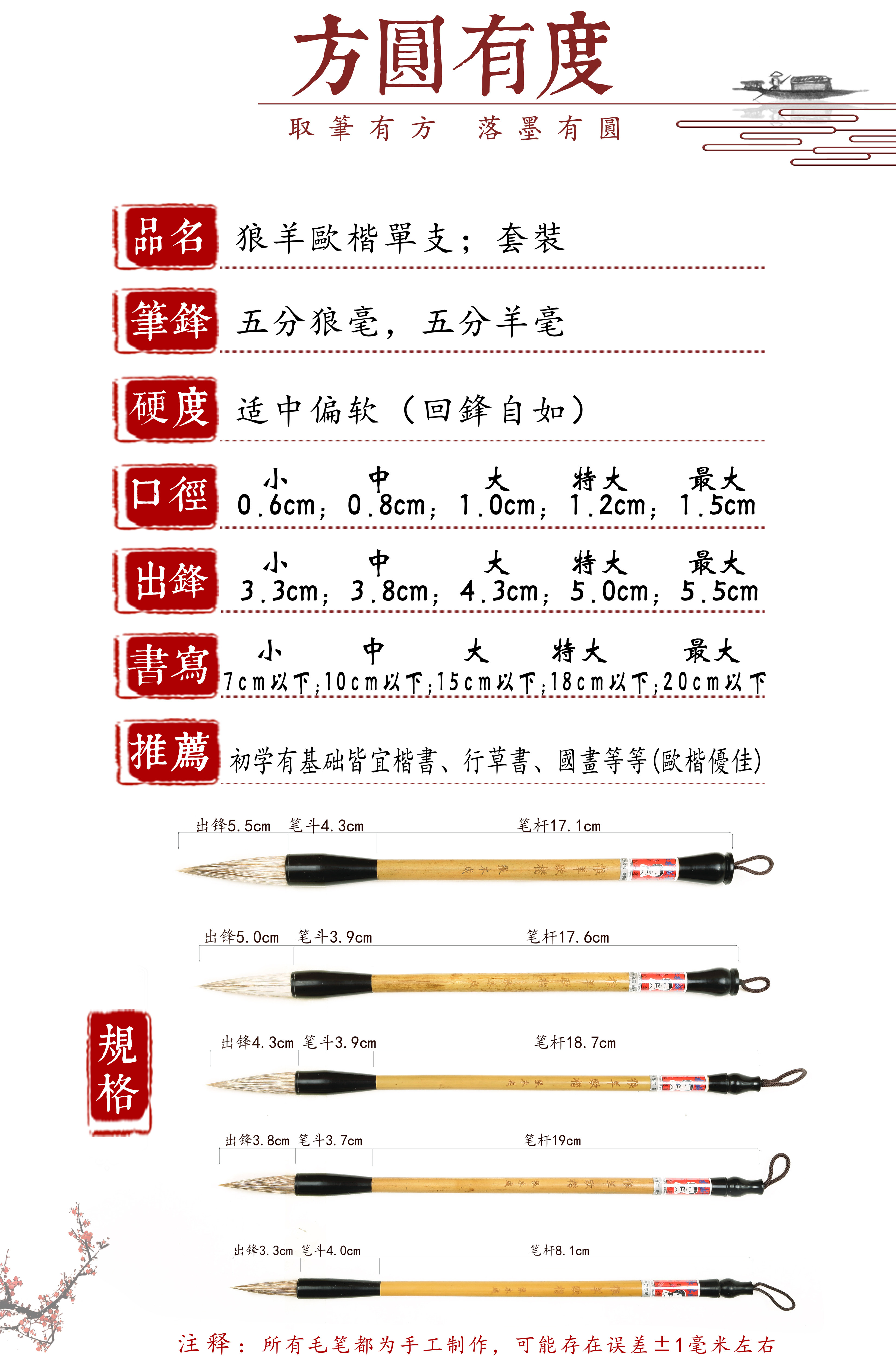 湖笔毛笔狼羊兼毫中号套装中楷大楷中锋兼毫张毛笔