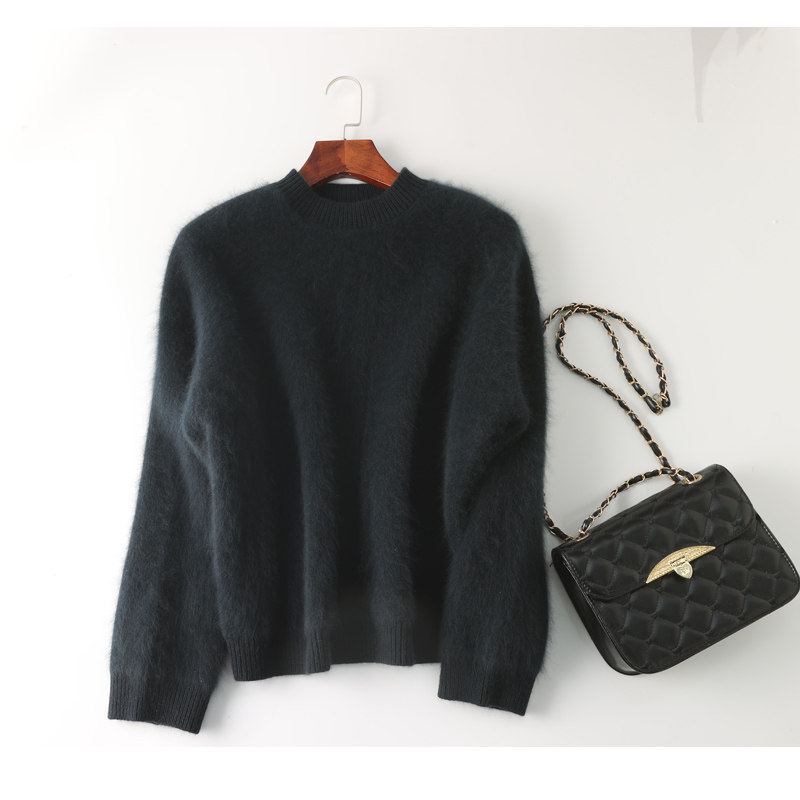 慵懒随性韩国进口鹤绒百搭圆领浣熊绒羊毛貂绒毛衣女宽松套头加厚