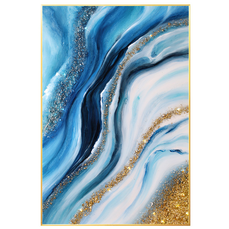 大海风景轻奢手绘油画金箔抽象玄关画竖版现代简约油画