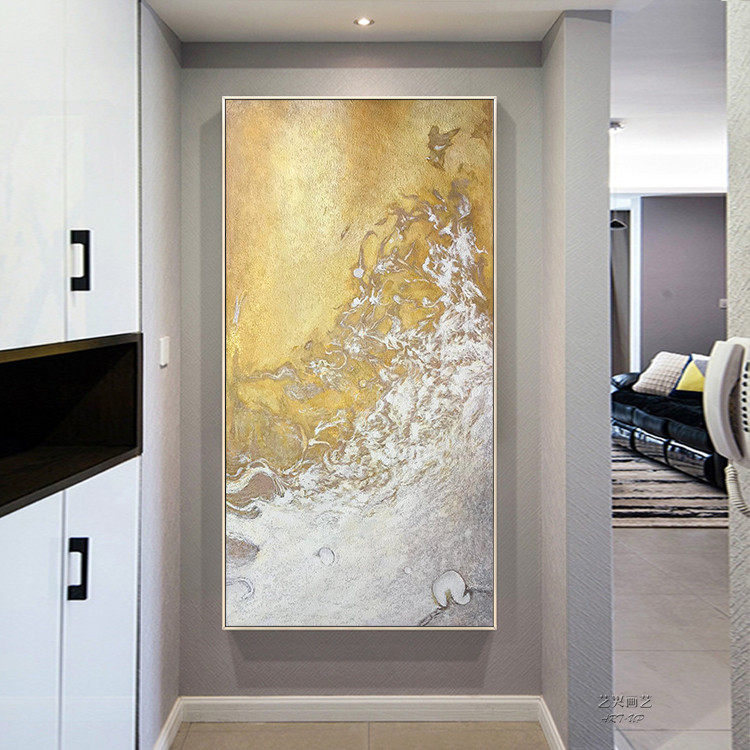 手绘油画现代简约玄关过道走廊装饰壁画金箔轻奢油画