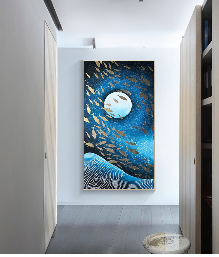 手绘鱼油画现代简约玄关走廊过道装饰挂壁画创意轻奢金箔鱼定制画