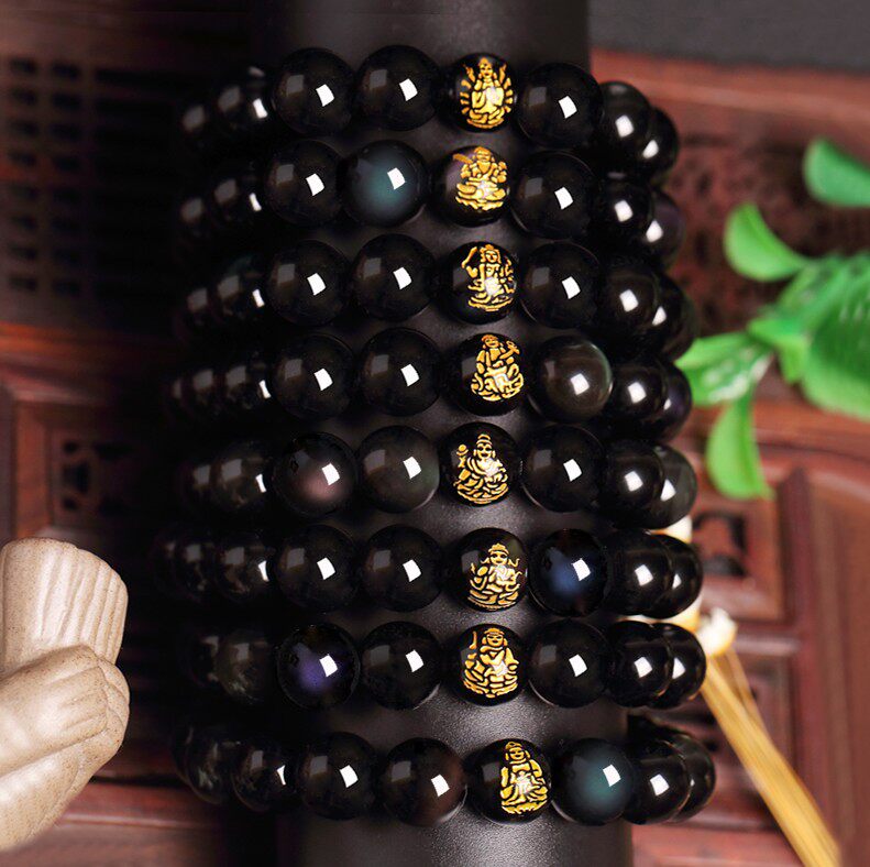 新品天然彩虹眼黑曜石本命佛守护神手链男女款佛珠手串饰
