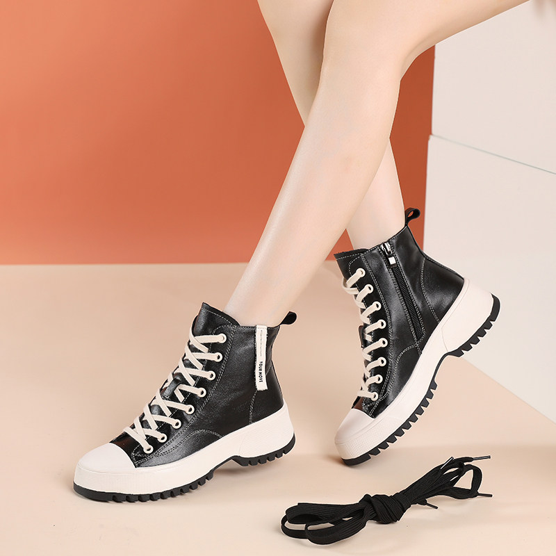 欧洲站女鞋2020新款真皮厚底高帮鞋休闲拉链松糕高帮鞋