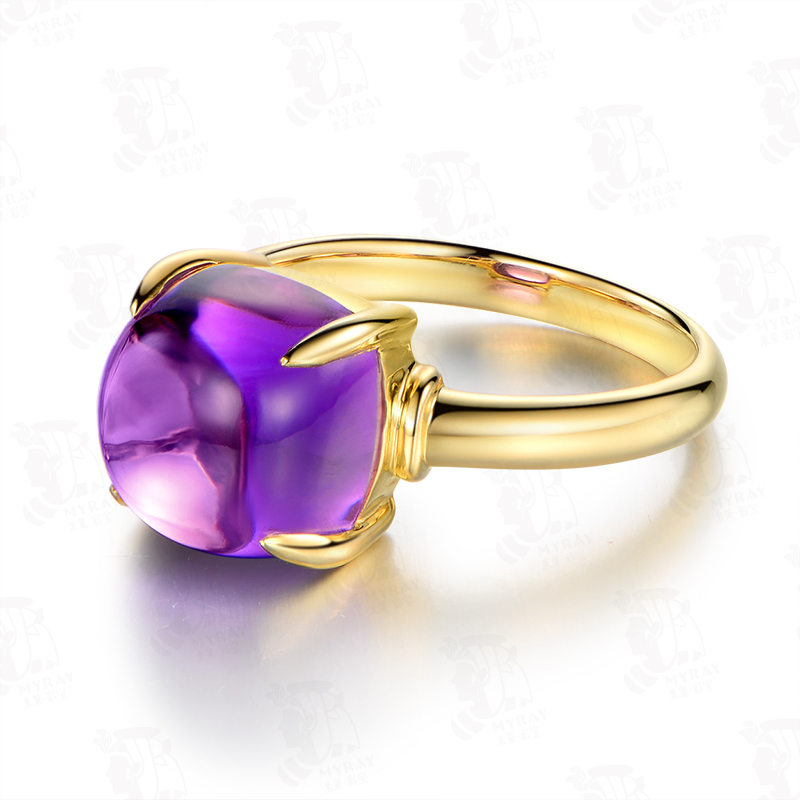 米莱珠宝 6.57克拉天然素面紫水晶戒指女 18k金镶嵌宝石四爪戒指