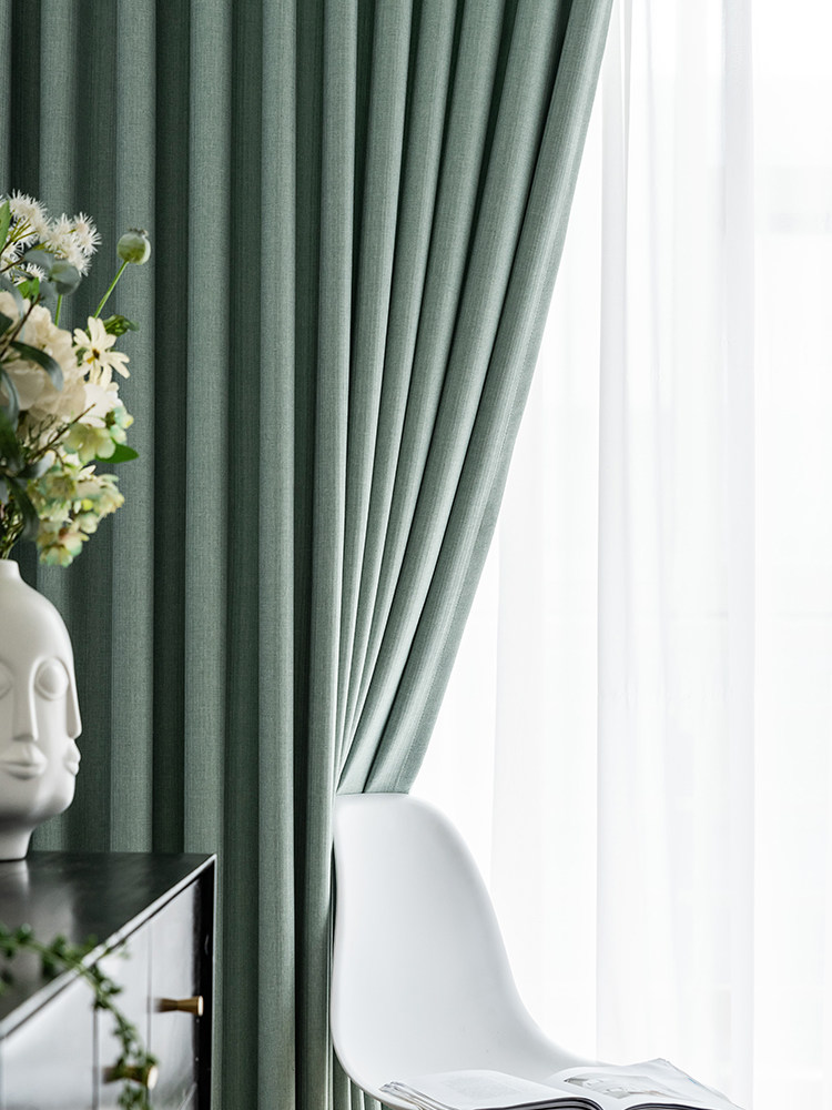 窗帘2021年新款遮光棉麻薄荷北欧挂钩客厅卧室定制窗帘