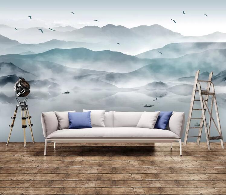 新中式壁画图案提供墙布喷绘uv绒布背景墙山水画定制壁画