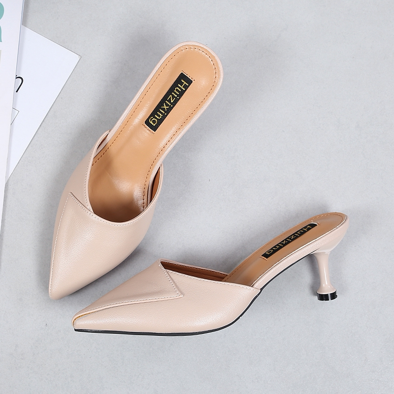 软皮半拖鞋女包头小高跟潮包脚秋款外穿拖跟无后跟懒人尖头凉拖鞋