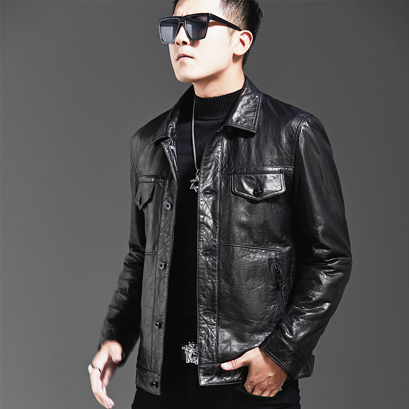 冬季油蜡头层牛皮皮衣男真皮翻领皮夹克短款修身男士外套潮流机车