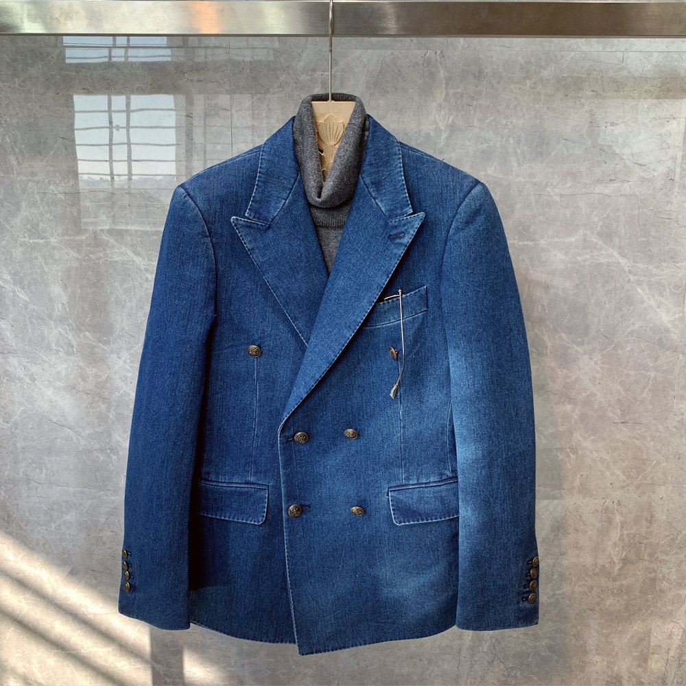 英伦风新款牛仔蓝修身双排扣小西装外套男士韩版潮流痞帅西服上衣