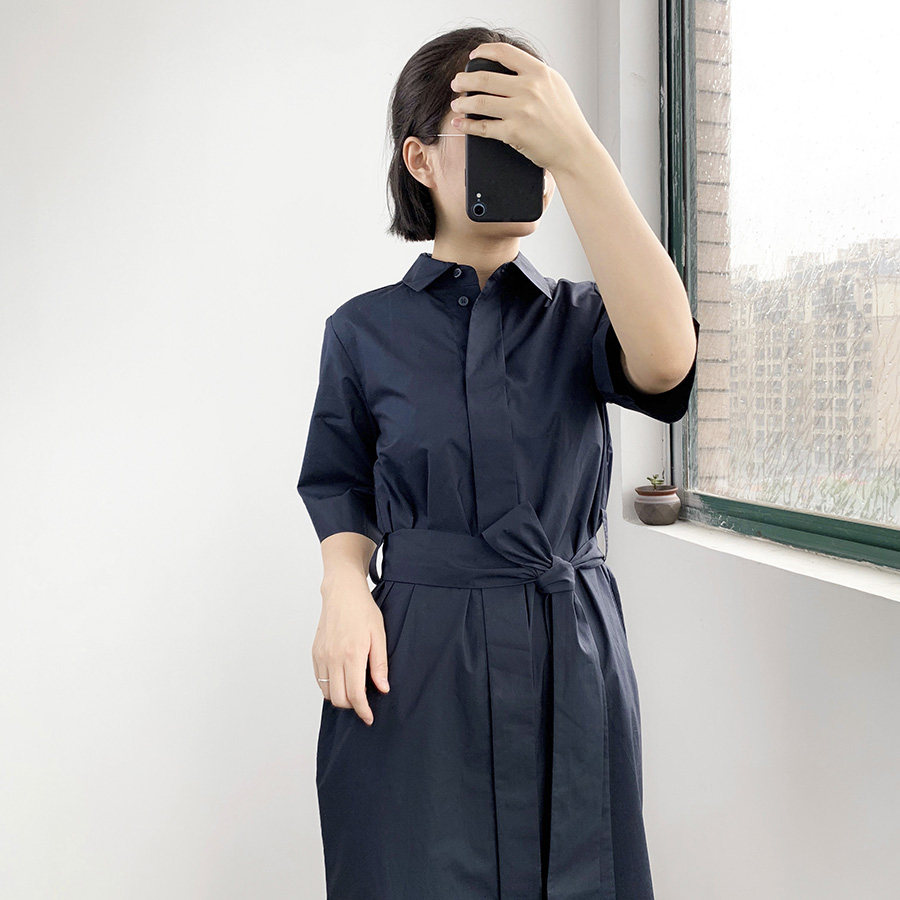 cos风安家明星同款藏青色衬衫连衣裙腰带夏天衬衣裙气质时尚新款