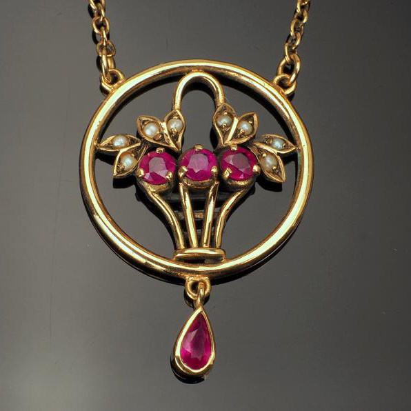 vintage古董2000年代复古古风9k黄金镶嵌红宝石珍珠项链