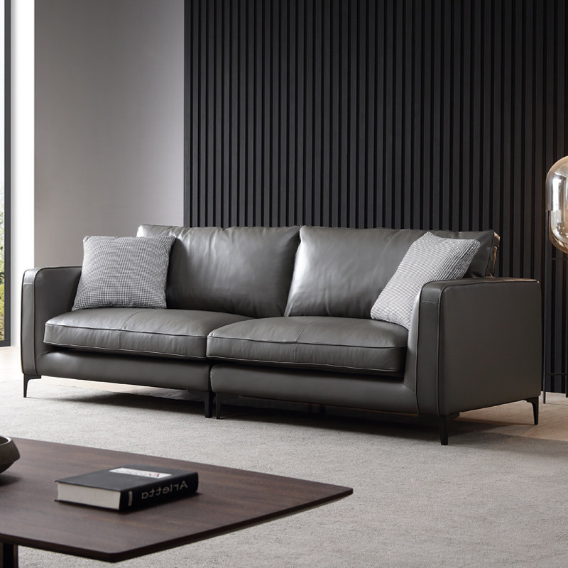 意式极简超软全真皮沙发组合客厅现代灰色四人位直排头层牛皮沙发