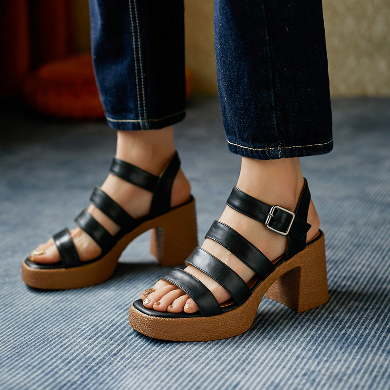 夏季罗马粗跟凉鞋女真真皮棕色高跟鞋露趾复古罗马凉鞋