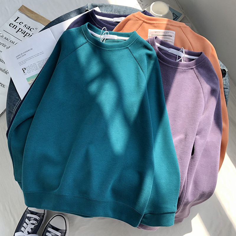 后背贴布插肩袖卫衣女宽松韩版春秋薄款秋冬加绒加厚圆领上衣无帽