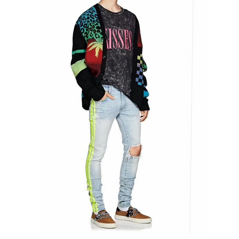 高街潮牌amiri侧边荧光绿烫膝盖破洞修身洗水牛仔裤