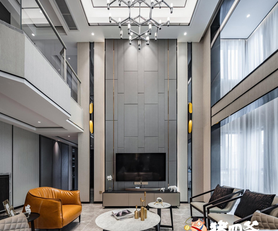 复式别墅跃层楼中楼装修设计效果图中式客厅挑空中空自建房图片