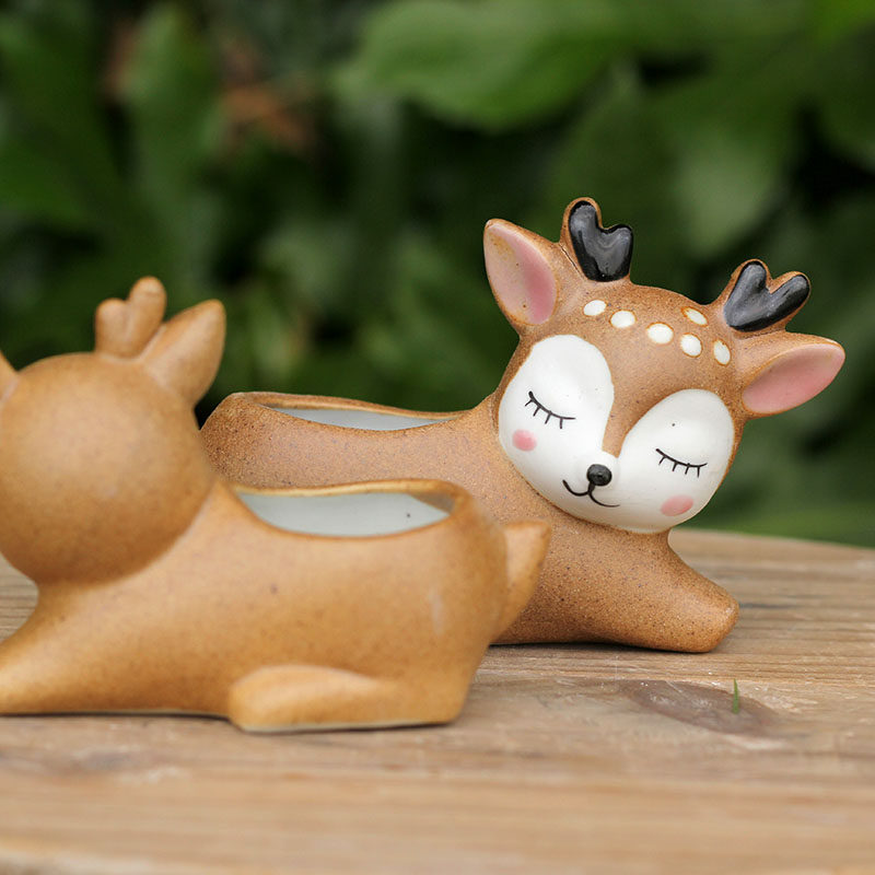 梅花鹿立体造型拇指多肉花盆景德镇粗陶可爱透气花盆