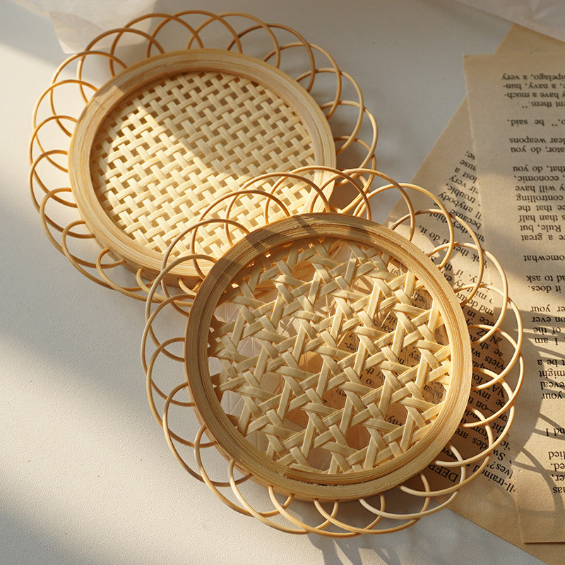 ins日韩网红红花型藤编杯垫手工竹编编织花环杯垫