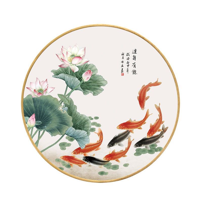 荷花九鱼圆形字画现代中式客厅装饰画餐厅玄关国画