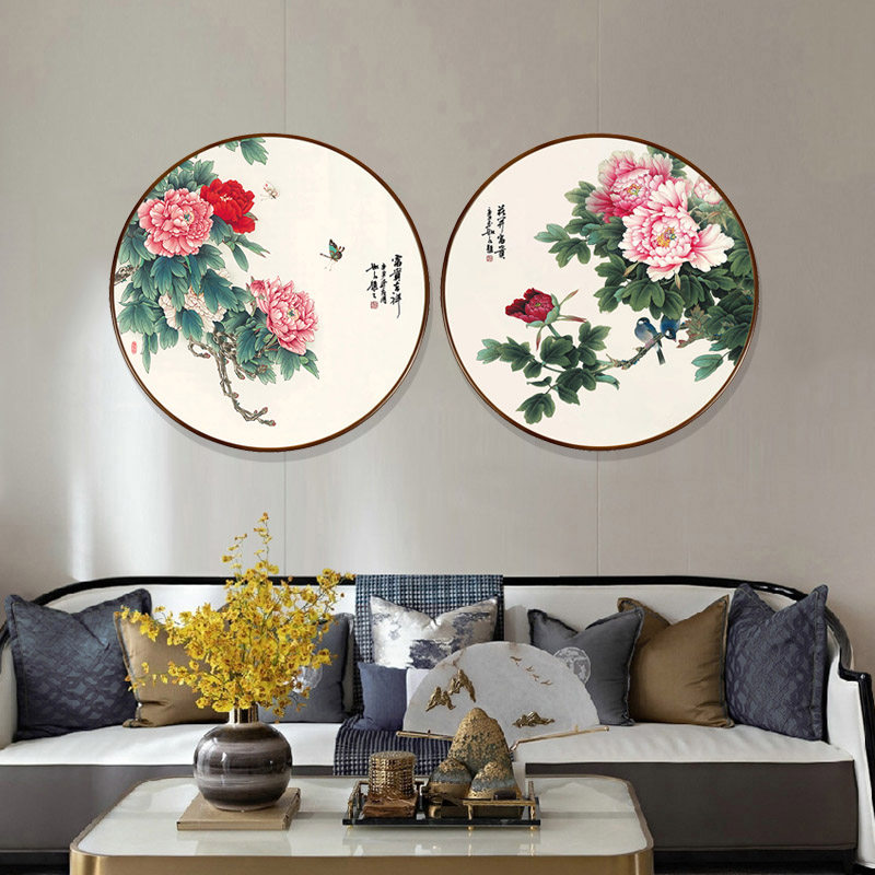 圆形装饰画国画牡丹国色天香客厅玄关壁画书房餐厅国画
