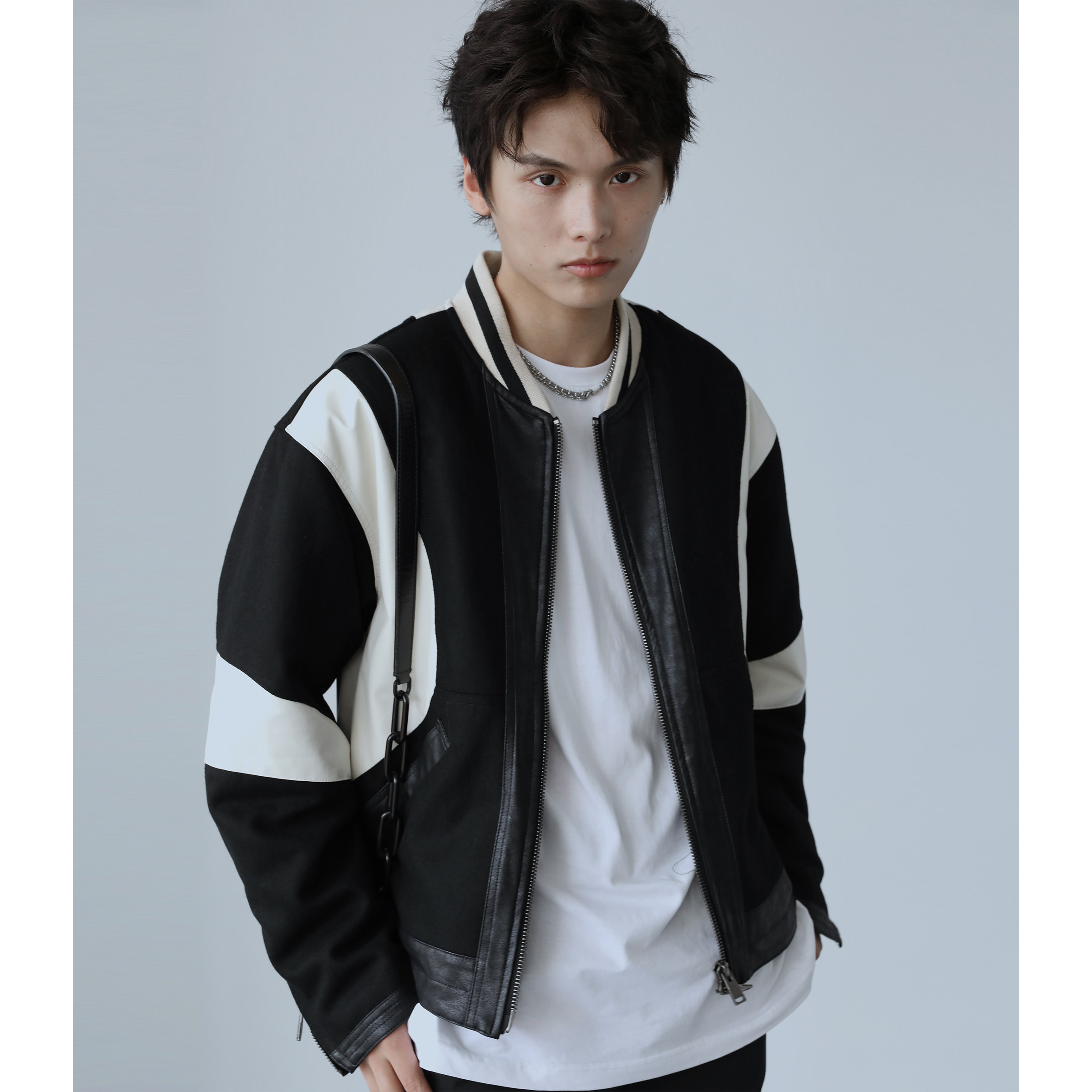 cakunta重磅毛呢拼皮韩风棒球夹克高街风pu皮外夹克