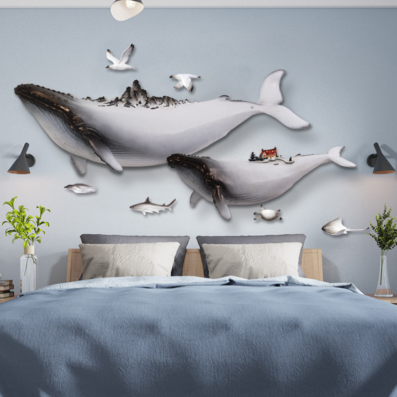 鲸鱼装饰画沙发背景墙现代简约3d网红立体浮雕画鲲鹏餐厅书房客厅