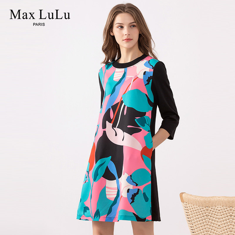 maxlulu2020秋冬新款女装时尚印花百搭修身显瘦连衣裙