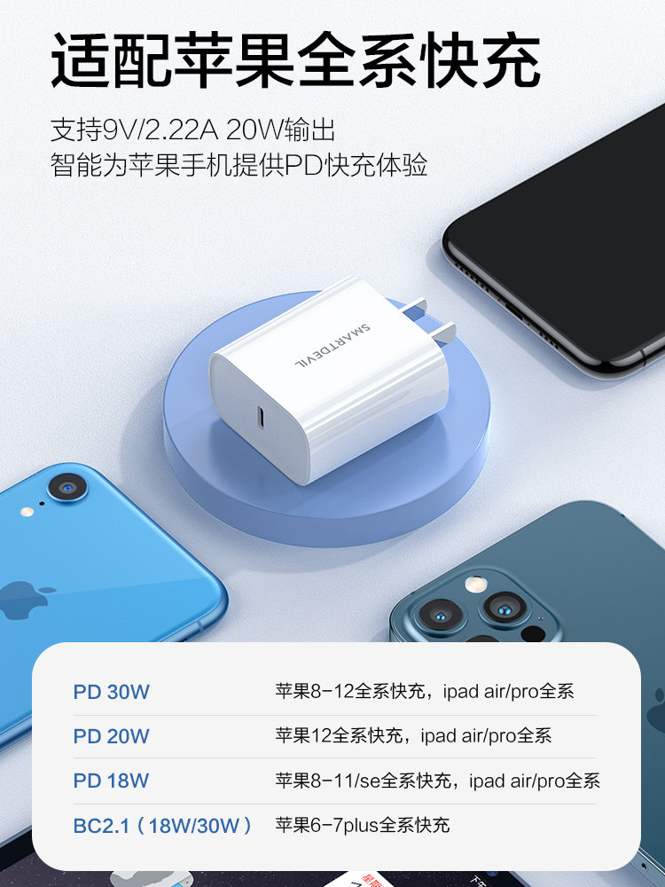 闪魔iphone12充电器头pd快充20w适用于18w苹果11一套装快充12promax