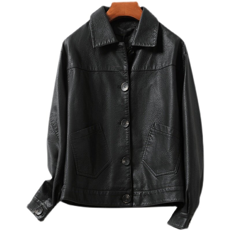 皮衣女短款黑色翻领真皮皮夹克女士2021反季新品海宁绵羊皮外套女