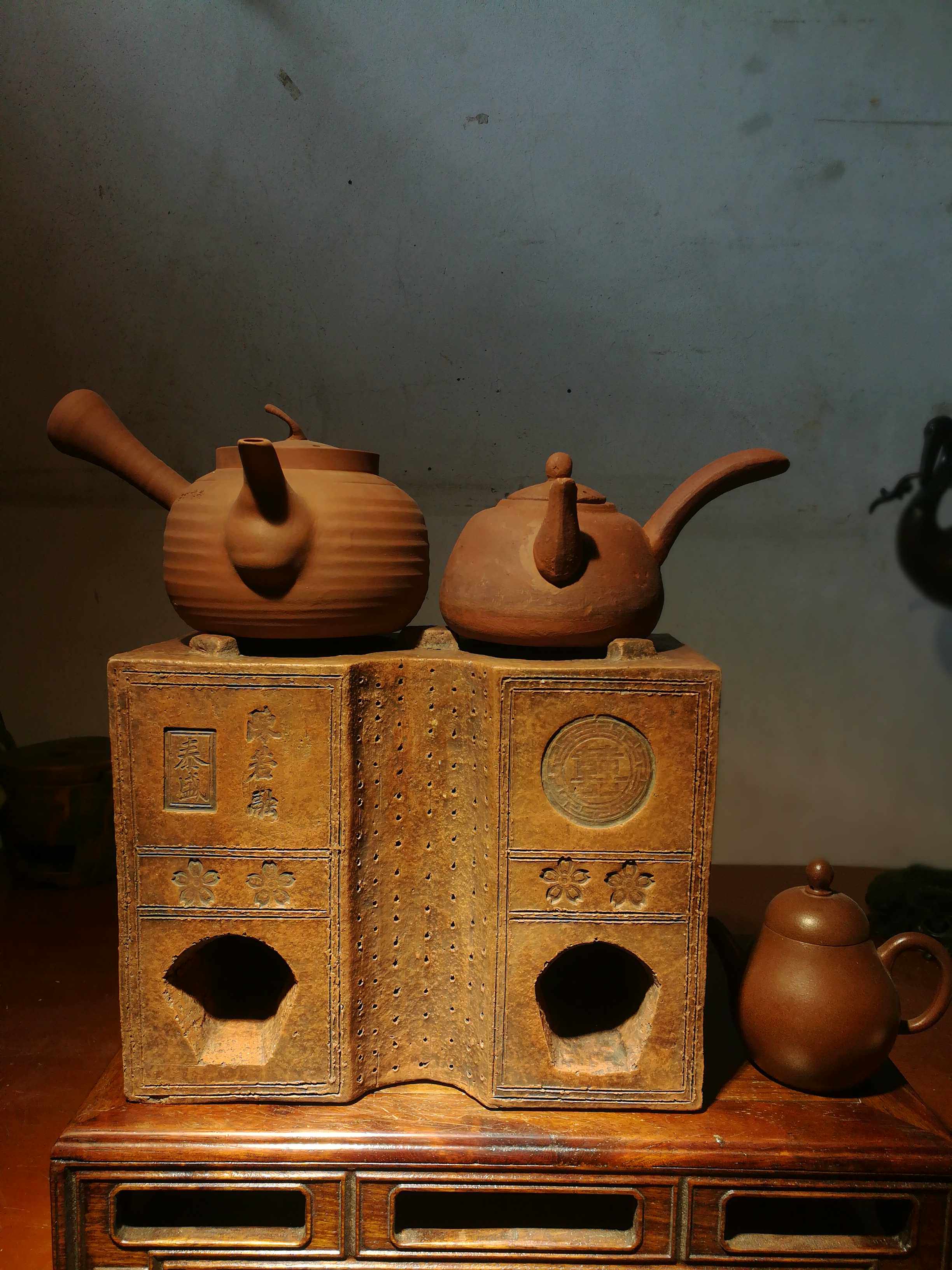 红泥炉柜小火炉双炉老式手工炭炉风炉文房茶道茶道
