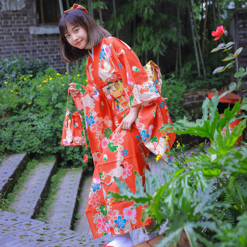 和服樱之美和风日本夏季正装振袖橘红樱花仙鹤民族服装