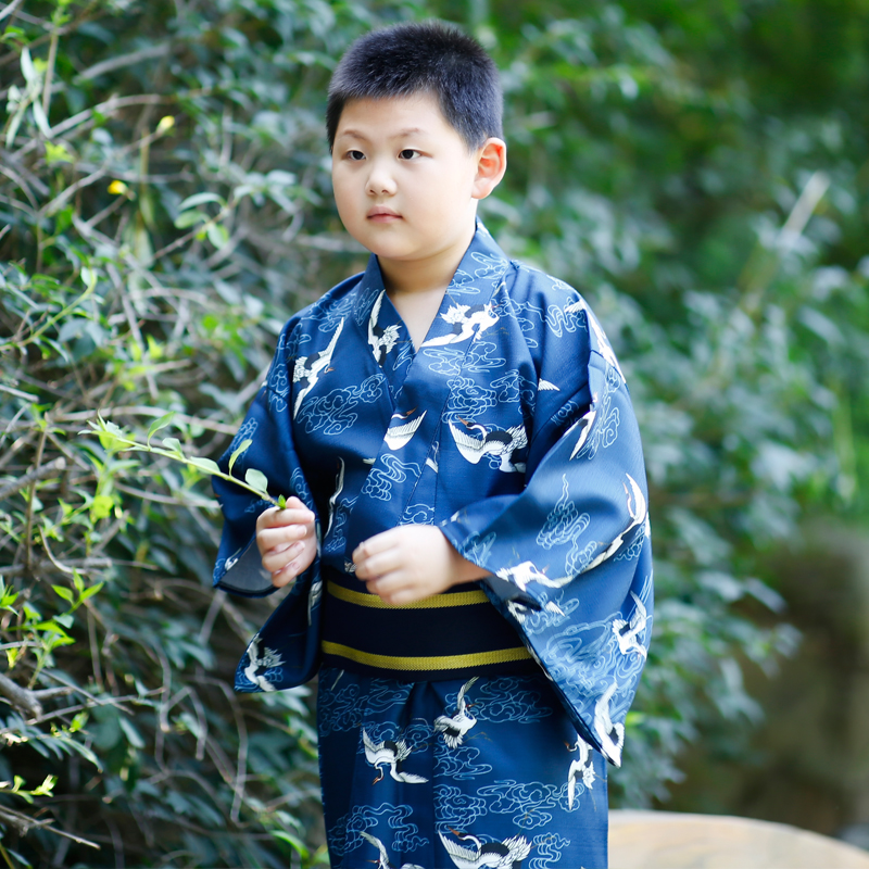 和服日本男童小孩蓝色小仙仙鹤加厚秋冬抗皱儿童演出服
