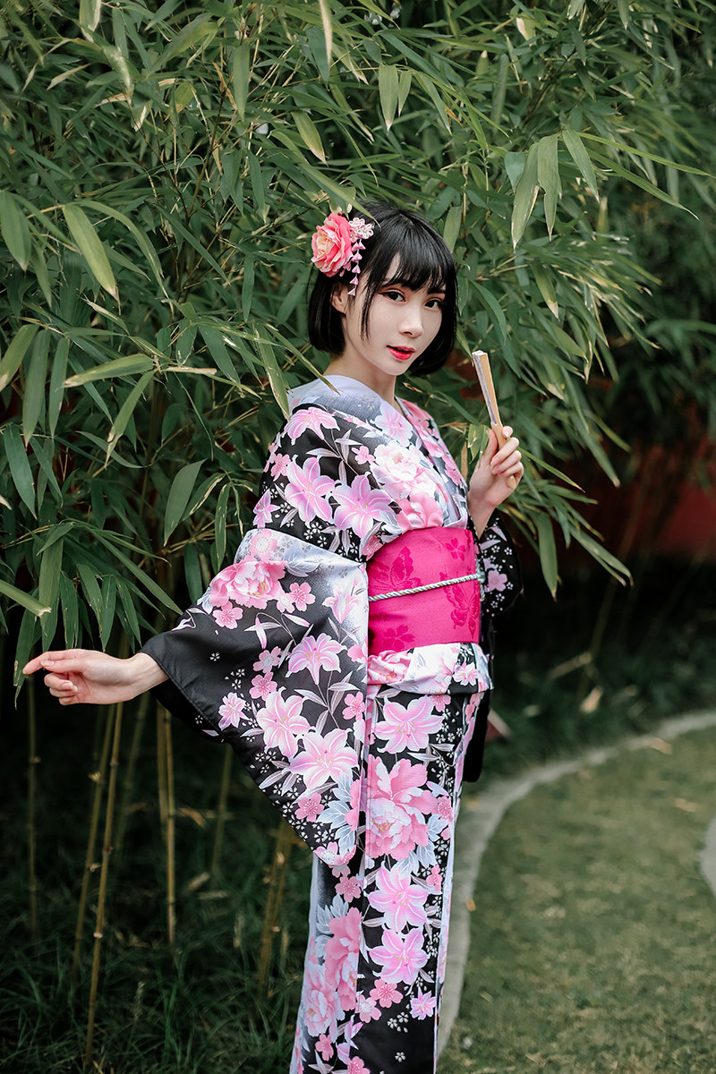 和服浴衣特价涤纶粉色樱花日式花火大会腰带民族服装