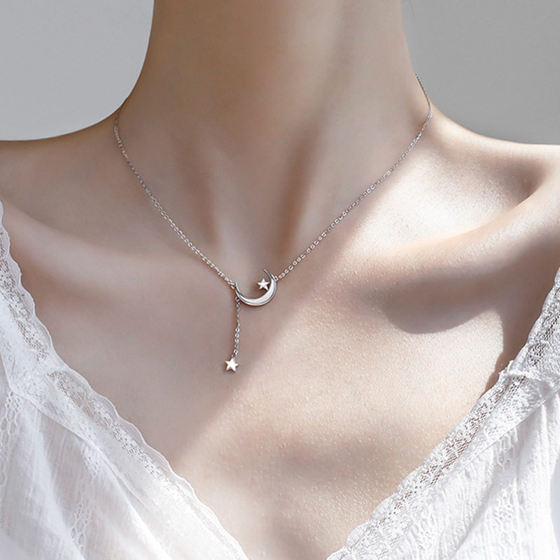 颈链纯银银月亮流苏项链女星星星形状短款锁骨项链